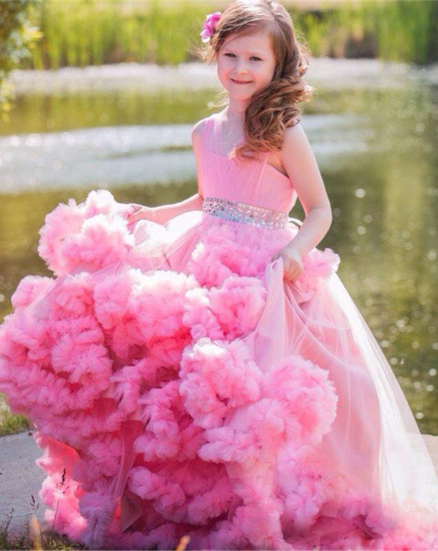 Lovely Pink Ruffles Tulle Flower Girl Dresses 2016 Beading Sashes For