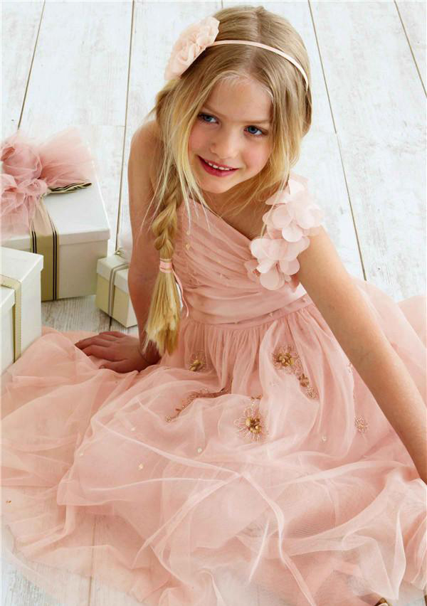Beauty Light Pink Tulle Flower Girl Dresses Wedding Gowns Beaded